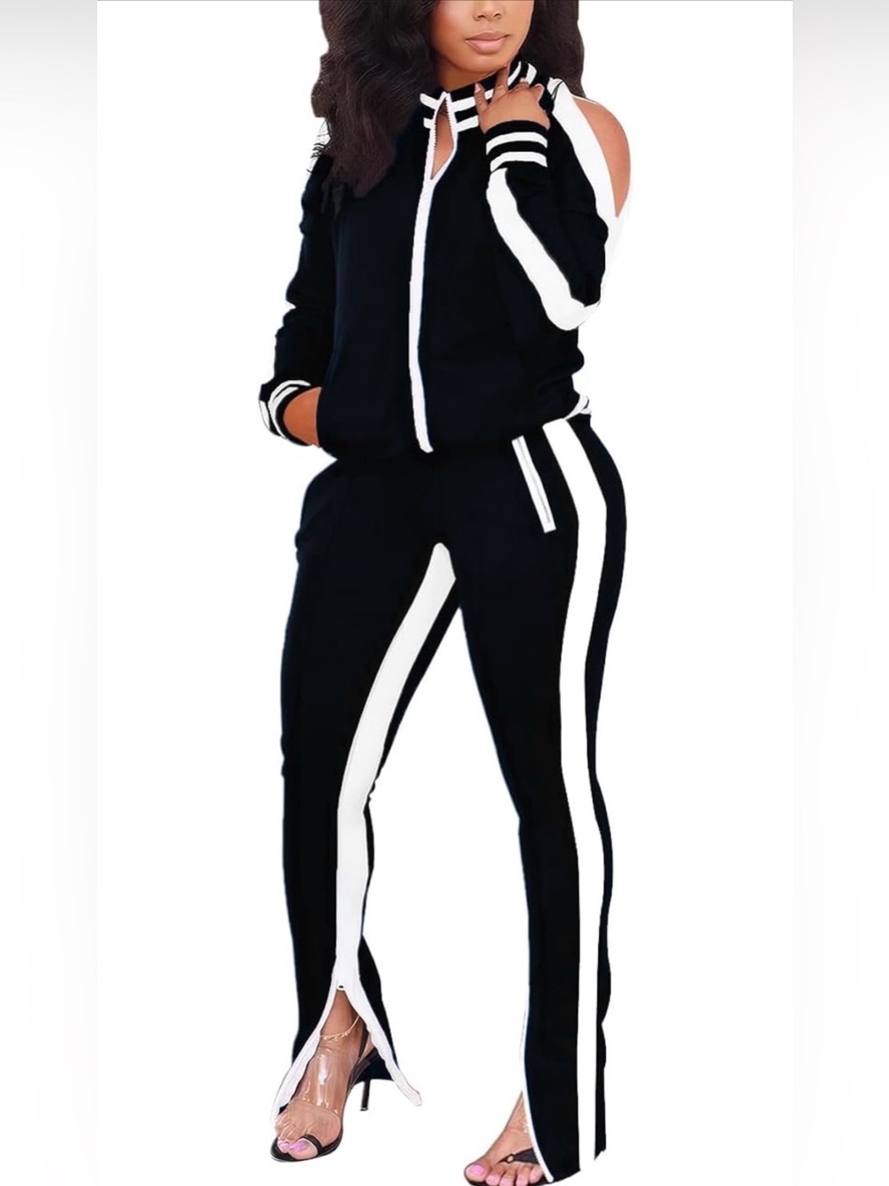 Cold-Shoulder Stripe Track Pants Set - Black
